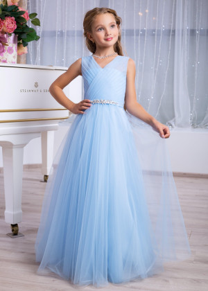 V Neck Blue Ruched Tulle Keyhole Back Long Flower Girl Dress